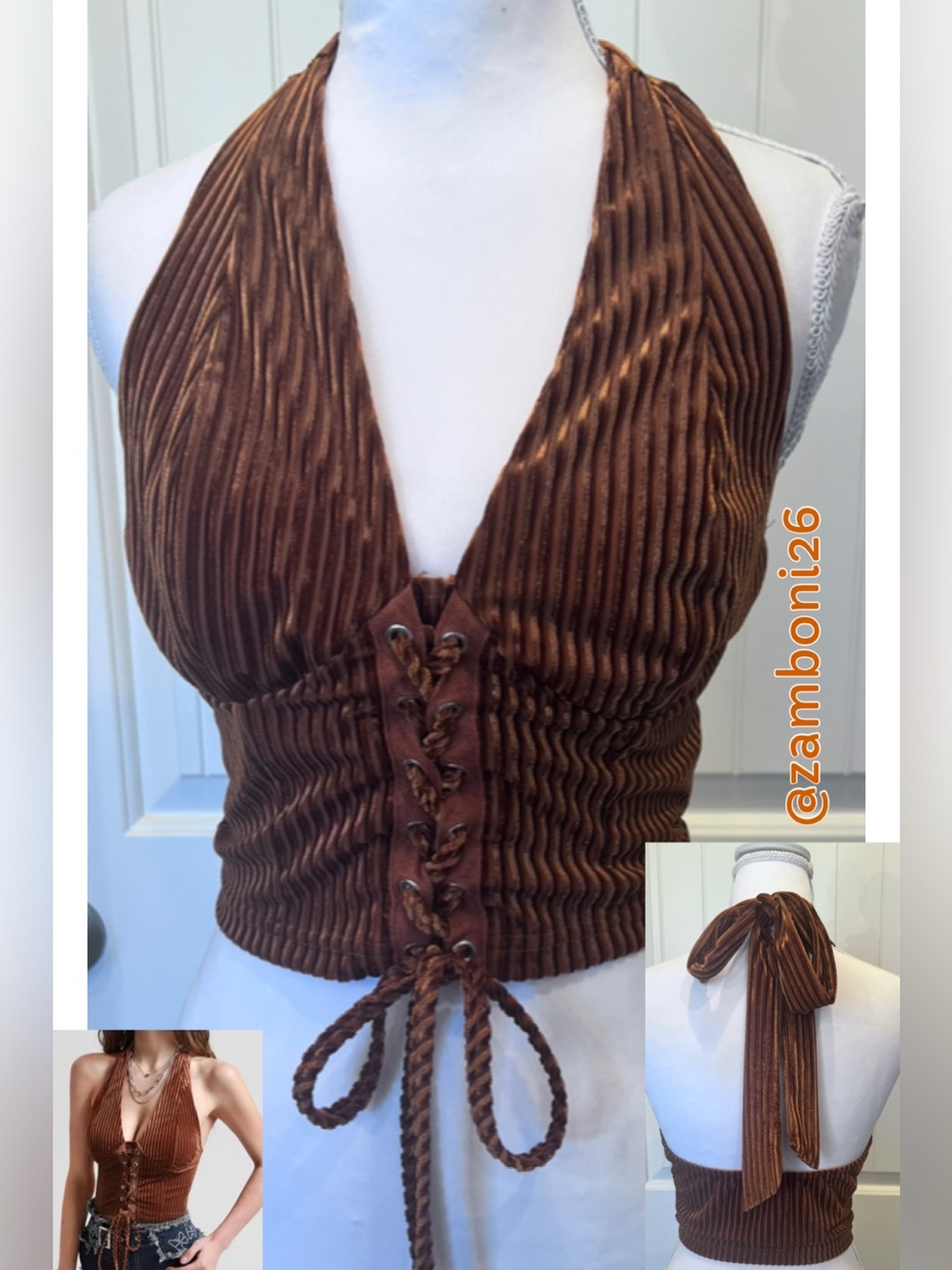 Velvet Halter Corset Lace Up Rust Brown Top Tie at Neck Small Boho Festival